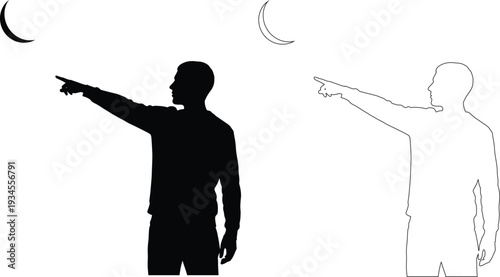 A person pointing at the moon while another silhouette leans away in contrast.