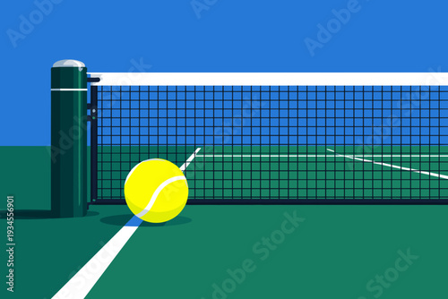 vector illustration of tennis ball on court near net background