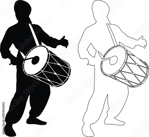Two individuals playing traditional hand drums in contrasting stances