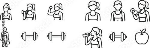 Women Fitness Line Icons Set, Female Workout Gym Training Healthy Lifestyle Outline Vector Collection