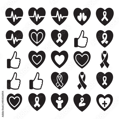 Medical awareness symbols with hearts and ribbons on transparent background for health campaigns and support initiatives vector illustration set
