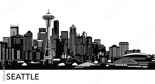 Seattle skyline silhouette with space needle and city buildings for washington state travel posters laser cut wood wall art design