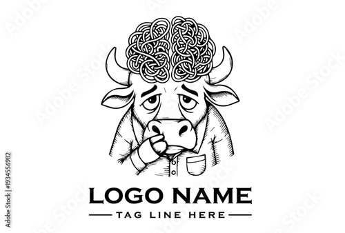 Black and white illustration of a bull with a brain for hair holding a pen against a clean white background with a thoughtful expression.