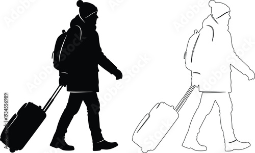 Two travelers walking with their luggage in different directions