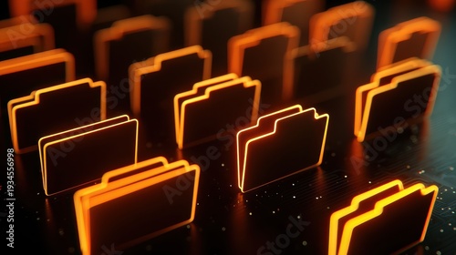 Abstract background of glowing orange folder icons on a dark digital surface representing data organization, technology, and information storage