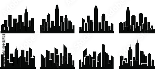 Set of black city skyline silhouettes with modern skyscrapers and urban buildings for architectural design, real estate projects, and metropolitan landscape.