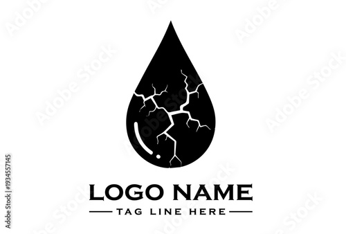 A black and white logo featuring a cracked teardrop shape with placeholder text on a clean white background.