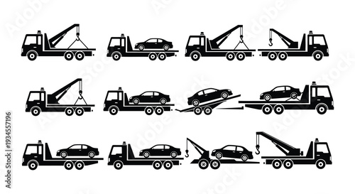 A series of tow truck illustrations showing different stages of vehicle transport