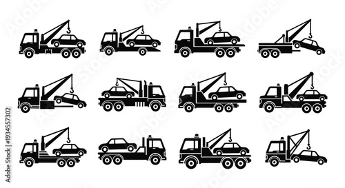 A series of tow truck illustrations showing different stages of vehicle transport