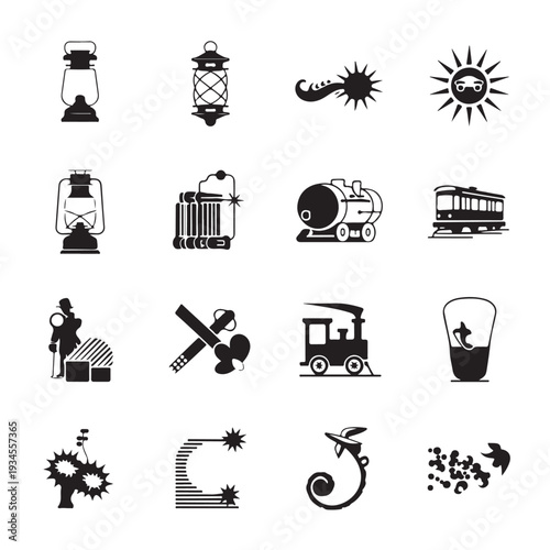 Variety of vintage lanterns and sun icons on a transparent background illustrating classic lighting and celestial symbols vector artwork