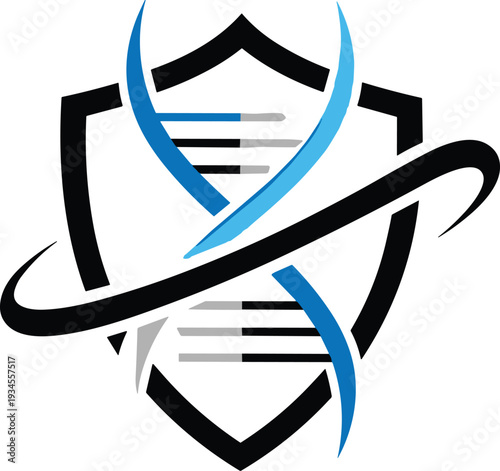 Shield and DNA Helix Security Logo Design Featuring Protective Emblem with Genetic Strand and Orbit Element in Modern Blue and Black Vector Illustration for Biotech Branding