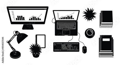 Black silhouette icons depicting a typical office workspace setup