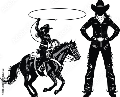 Cowboy and cowgirl silhouettes with horse and lasso, western rodeo theme vector illustration, black graphic design isolated on white background