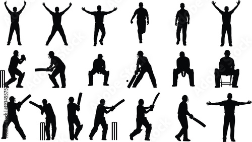 Set of cricket player silhouettes featuring batsman, bowler, umpire, and wicketkeeper in various action poses for sports design and athletic competition.