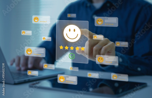 Photos Customer satisfaction rating interface with hand selecting five star review on digital screen strengthening brand reputation user experience optimization and online feedback management strategy