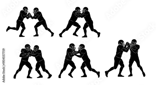 Silhouettes of boxers in various fighting stances and movements.