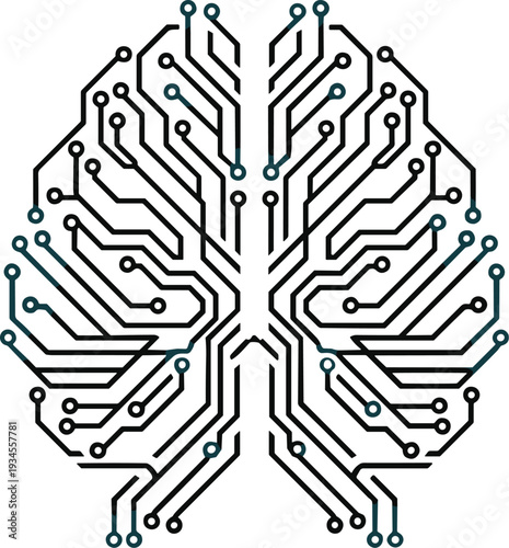 Artificial Intelligence Brain Circuit Line Art Vector Illustration Featuring Digital Neural Network Technology Chip Connections and Futuristic Innovation Concept in Minimal Monochrome Design