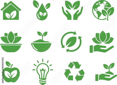 Eco Icon Collection with Hand‑Drawn Green Sustainability Symbols and Environmental Graphics.