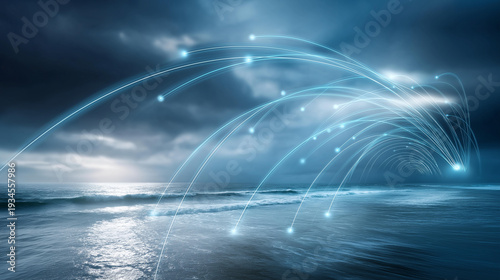 Advanced shipboard defense shield visualization intercepting incoming missile trails above a stormy sea, naval missile defense concept, ship-based EW shield, maritime intercept