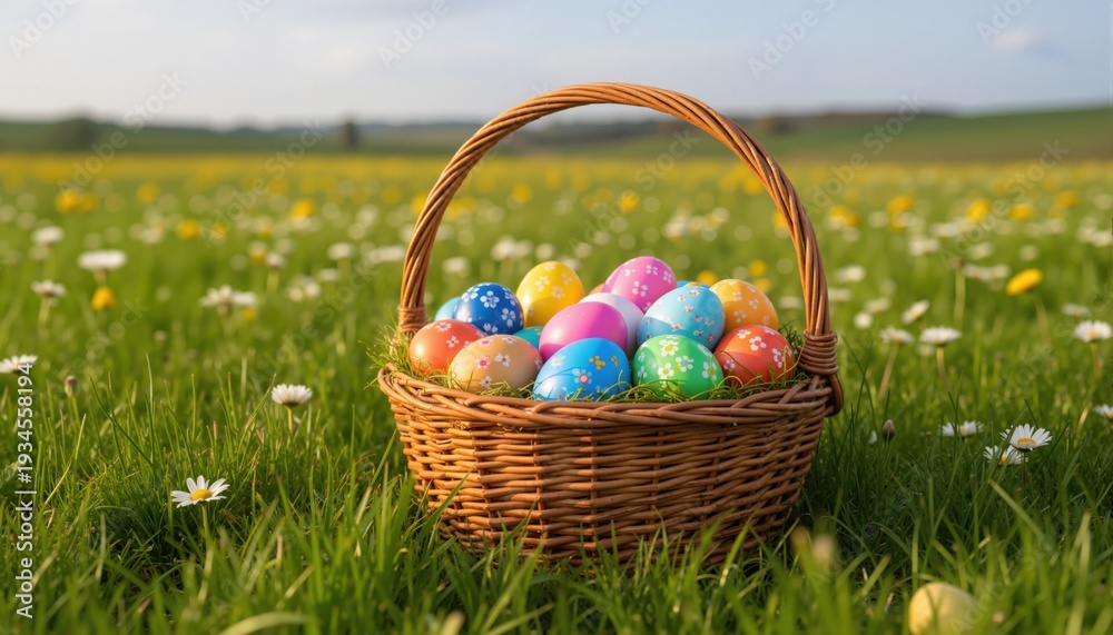 Fototapeta premium Colorful easter eggs in a basket on the meadow 
