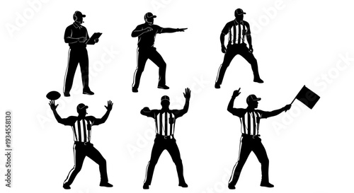 Six black silhouettes of referees in various dynamic poses against a white background.