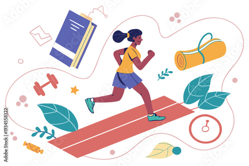 A woman runs on a track with fitness items around her