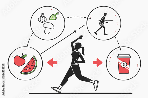 A woman running with healthy food and drink icons around her
