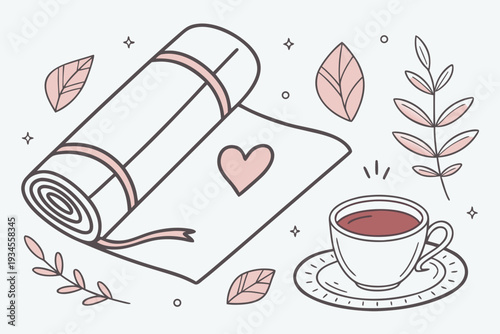 A cup of tea and a rolled up letter with a heart