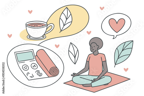 A person meditating with a cup of tea and a yoga mat