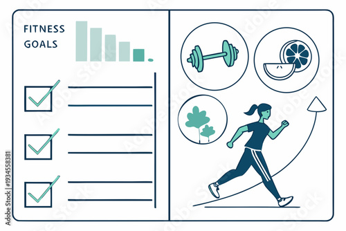 A woman running with fitness goals and icons