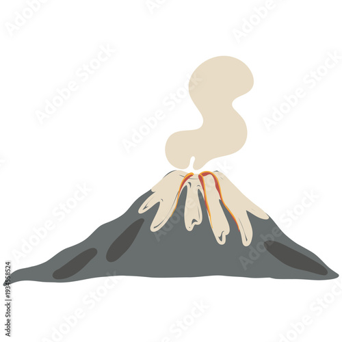 Vector illustration of an active volcano with red lava and smoke from the crater.