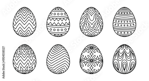 A collection of eight intricately patterned easter eggs in black and white