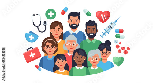 Diverse Community Healthcare & Medical Services with Global Support Icons
