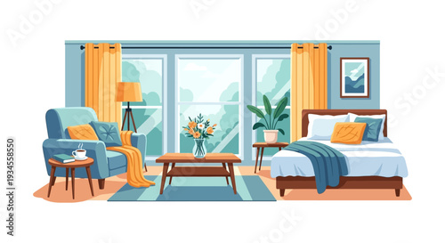 Flat Design Home Interior Scene with Cozy Living Area and Bedroom