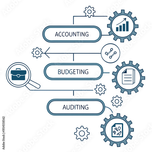 A flowchart showing the process of accounting, bookkeeping, and auditing