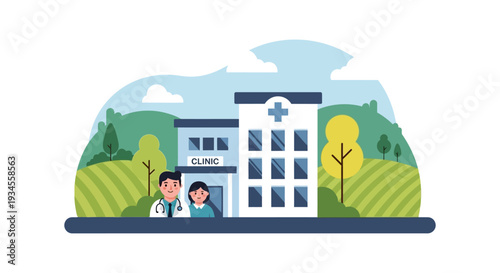 Modern Medical Clinic with Doctor and Nurse Team in a Serene Green Landscape Illustration