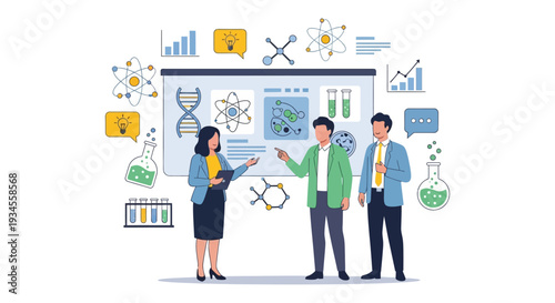 Scientific Research Team Collaboration & Innovation Presentation. Scientists Discussing Lab Data, DNA, and Atom Models for Education and Discovery.
