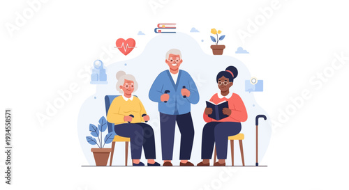 Diverse Seniors Engaging in Healthy Activities: Exercise, Reading, and Community Well-being Illustration