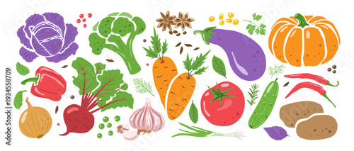 A hand-drawn set of vegetables and spices for preparing delicious dishes in the kitchen. Vector illustration.