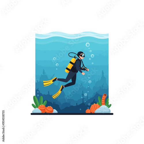 Scuba Diver Exploring Underwater Coral Reef with Bubbles and Marine Life