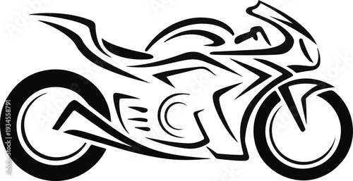 Stylized black and white tribal tattoo design of a fast racing motorcycle isolated on transparent background