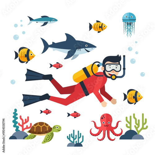 Scuba Diver Exploring Underwater World with Shark, Turtle, Octopus, and Fish