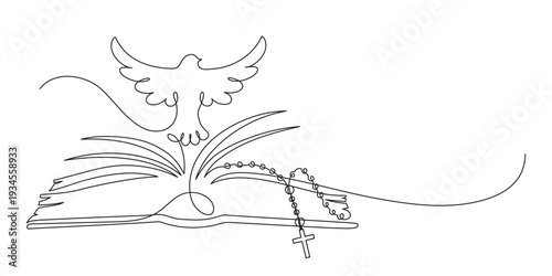 Trinity. Open book with rosary and dove. Holy Bible. Continuous line drawing. Christianity religion concept.