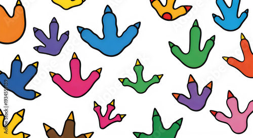 Colorful cartoon dinosaur footprint pattern on white background