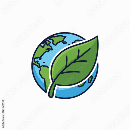 Green leaf on blue globe earth.