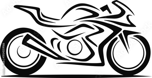 Stylized black and white tribal tattoo design of a sports motorcycle in motion