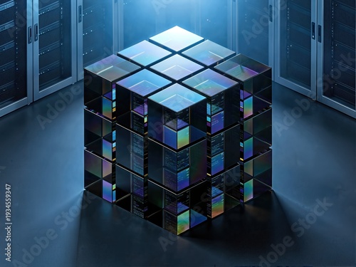 Futuristic isometric diagram of a secure content automation pipeline, visualized as nested glass vaults.