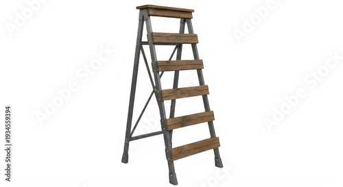 Vintage rustic wooden and metal step ladder for home improvement on white background