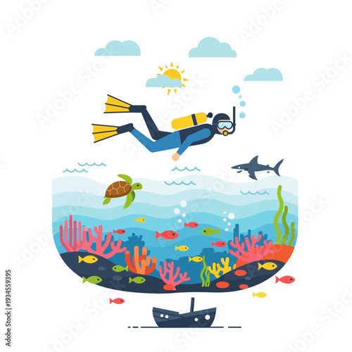 Scuba diver exploring vibrant coral reef with fish, turtle, and shark