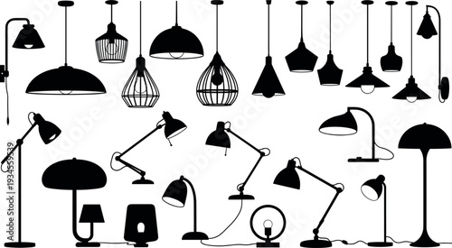 Modern and Vintage Lamp Silhouettes Collection with Hanging Pendant Desk and Floor Lights Vector Illustration
